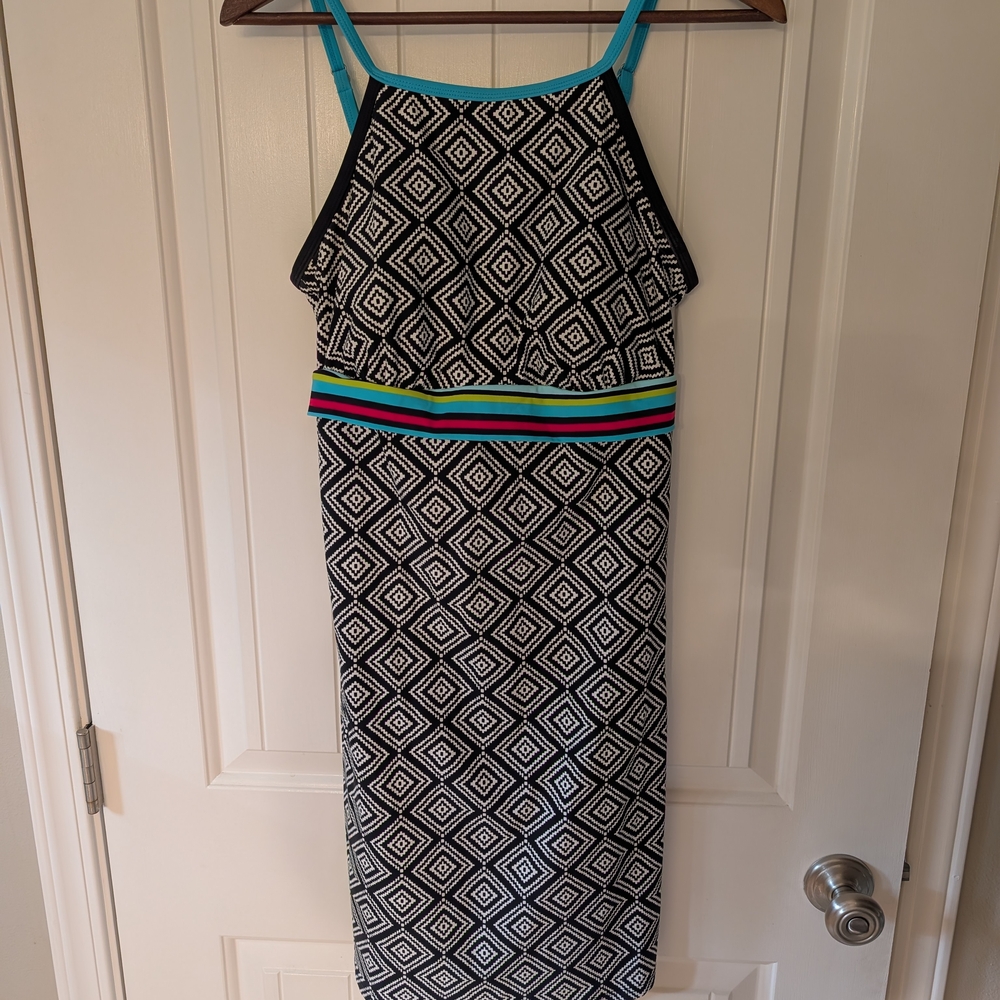 Title Nine Black and White Geometric Midi Dress with Colorful Stripes